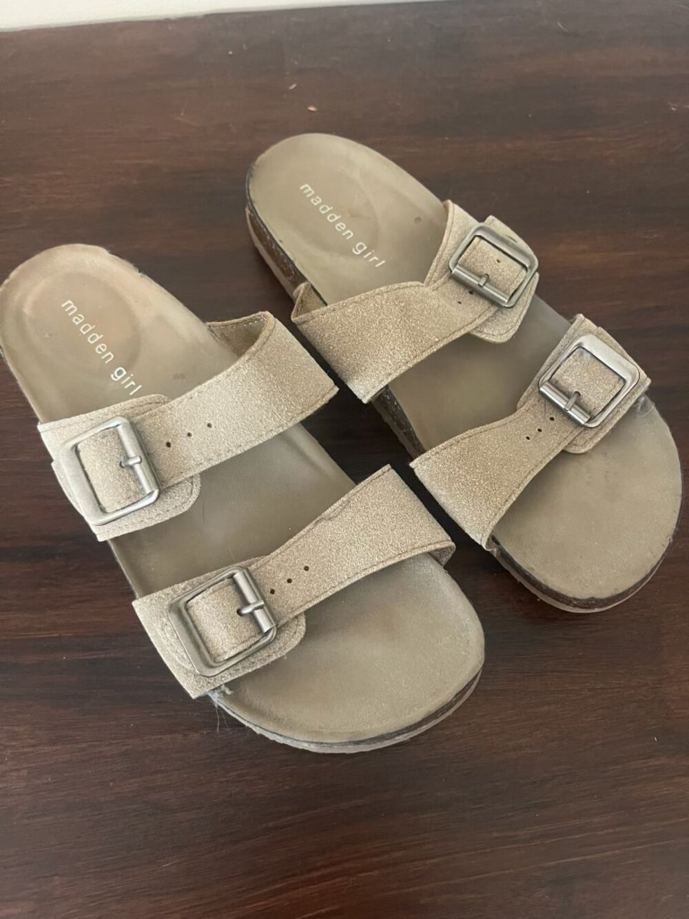 taupe suede foodbed sandals, size 7
